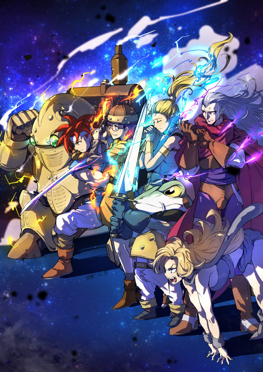 absurdres ayla_(chrono_trigger) bag belt bike_shorts blonde_hair blue_tunic chrono_trigger closed_mouth crono_(chrono_trigger) frog_(chrono_trigger) fuji_taku glasses gun helmet highres holding holding_gun holding_weapon long_hair lucca_ashtear magic magus_(chrono_trigger) marle_(chrono_trigger) multiple_boys multiple_girls open_mouth ponytail purple_hair red_hair robo_(chrono_trigger) robot satchel scarf short_hair smile sword weapon