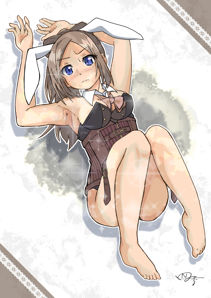 1girl absurdres adapted_costume animal_ears armpits arms_up artist_name assault_lily bare_arms bare_legs bare_shoulders barefoot belt belt_buckle black_leotard blue_eyes blush bow bow-shaped_hair bowtie breasts brown_belt brown_bow brown_bowtie brown_hair buckle closed_mouth commentary_request convenient_leg corset detached_collar fake_animal_ears full_body gradient_background grey_background high_ponytail highres ichinomiya_michaela_himari knees_up leotard long_hair looking_at_viewer ludvico_private_girls'_academy_school_uniform lying medium_breasts multiple_belts naganuki_shiki on_back outline parted_bangs playboy_bunny ponytail rabbit_ears school_uniform signature solo sparkle strapless strapless_leotard underbust v-shaped_eyebrows white_background white_outline