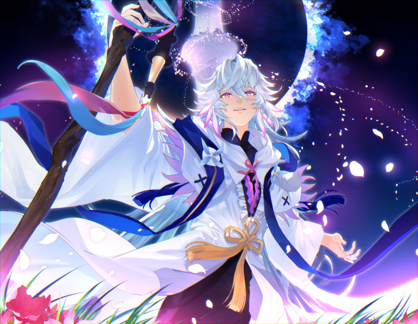 1boy center_frills fate/grand_order fate_(series) flower flower_knot frills garden_of_avalon hair_between_eyes highres holding holding_staff hood hooded_robe long_hair long_sleeves male_focus merlin_(fate) open_mouth petals purple_eyes ribbon robe smile solo staff very_long_hair white_hair white_robe yat573