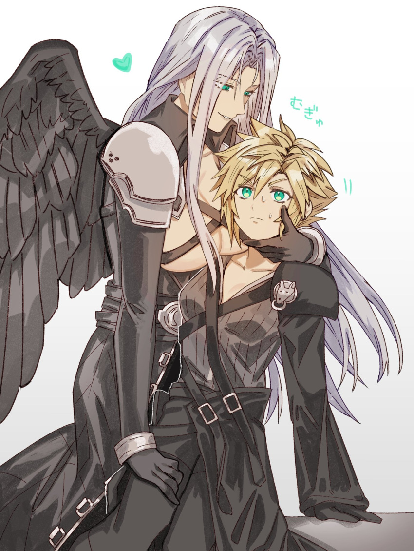2girls armor belt black_coat black_gloves black_wings blonde_hair breasts chest_strap cloud_strife coat eyelashes final_fantasy final_fantasy_vii final_fantasy_vii_advent_children genderswap genderswap_(mtf) gloves green_eyes grey_hair hand_on_another's_face hand_on_another's_thigh heart high_collar highres holding jacket keiseki1 large_breasts long_bangs long_coat long_hair long_sleeves multiple_belts multiple_girls open_collar parted_bangs pauldrons seductive_smile sephiroth shirt short_hair shoulder_armor shoulder_strap single_wing smile spiked_hair sweatdrop wings