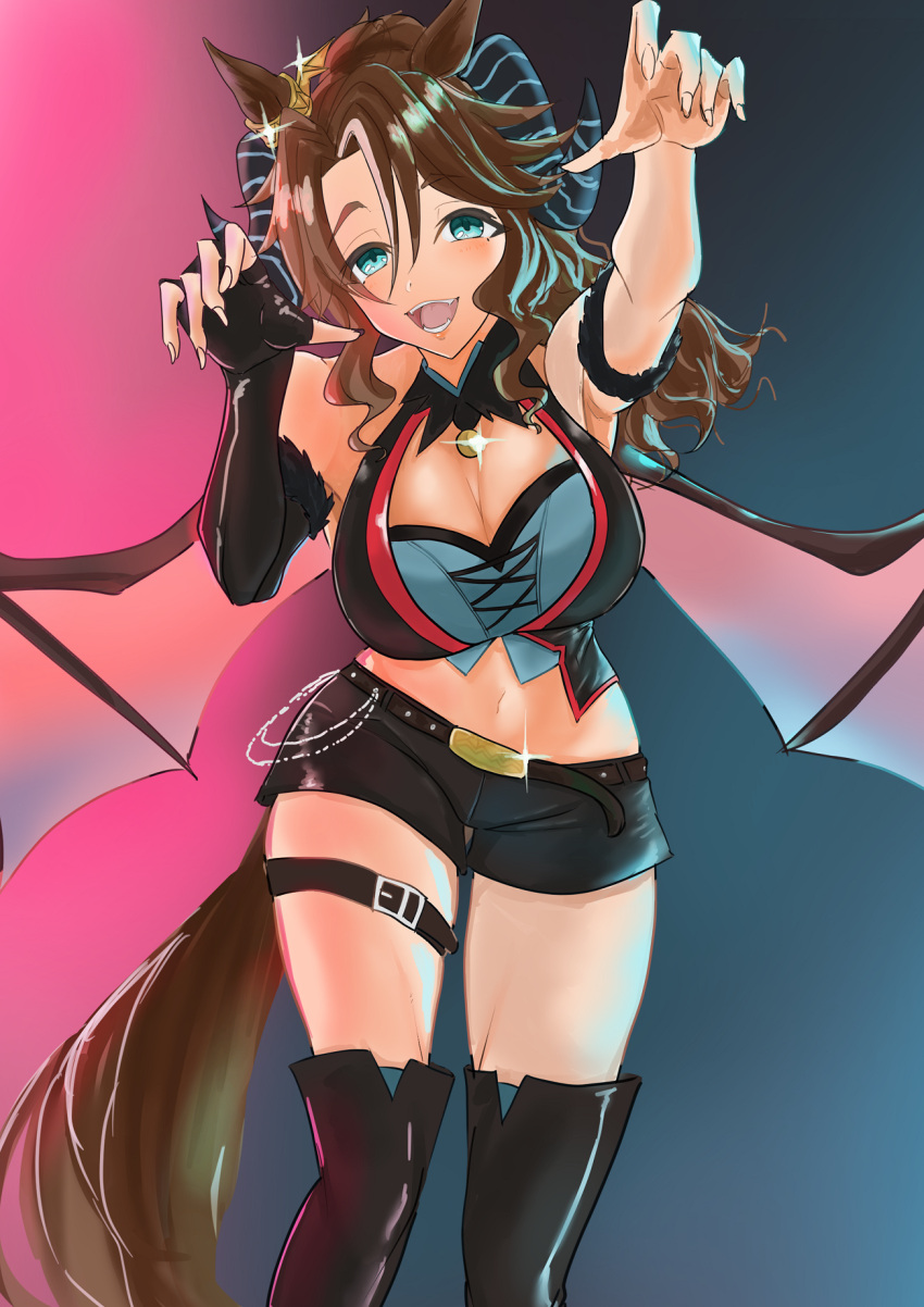 1girl animal_ears bare_shoulders belt black_gloves black_horns black_vest blue_eyes blue_nails blue_shirt blush bracelet breasts brown_belt brown_hair claw_pose cleavage collarbone commentary_request cowboy_shot crop_top demon_horns demon_wings ear_ornament elbow_gloves facial_mark fake_horns fake_wings fingerless_gloves gloves gogosaka gradient_background green_shorts groin hair_between_eyes halloween_costume hand_up heart heart_facial_mark highres horns horse_ears horse_girl horse_tail jewelry large_breasts long_hair looking_at_viewer mejiro_palmer_(devil_in_the_moonlight)_(umamusume) mejiro_palmer_(umamusume) midriff multicolored_hair multicolored_nails multiple_bracelets navel official_alternate_costume open_mouth ponytail shirt shorts sidelocks simple_background single_elbow_glove single_fingerless_glove sleeveless sleeveless_shirt solo standing streaked_hair tail umamusume vest white_hair wings