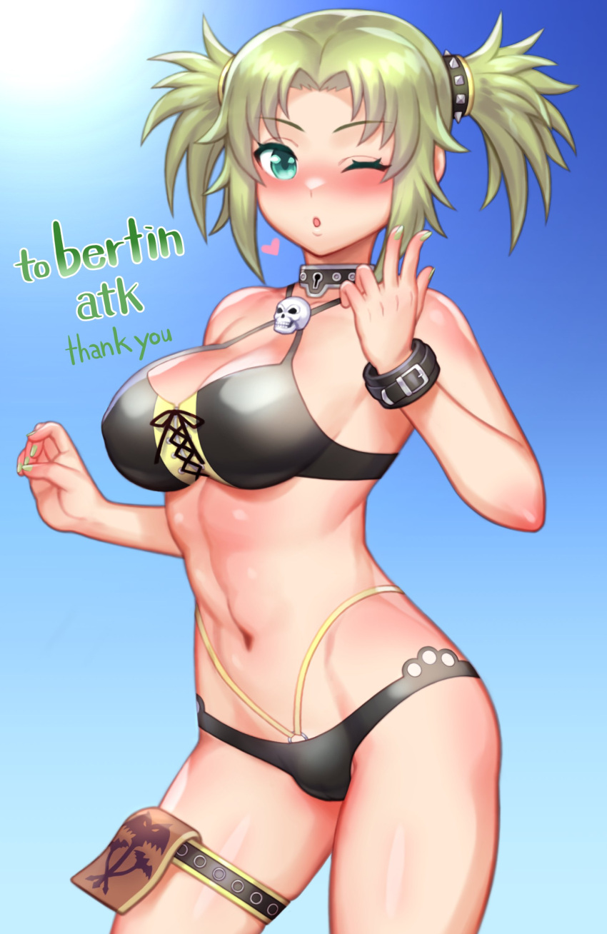 1girl absurdres artist_name bikini black_choker blowing_kiss blue_sky blush bracelet breasts choker commission droite_(tales) english_commentary folks_(nabokof) green_eyes green_hair green_nails hair_rings heart highres jewelry large_breasts one_eye_closed open_mouth sidelocks signature skull_brooch sky solo sun sunlight swimsuit tales_of_(series) tales_of_vesperia thigh_ring twintails