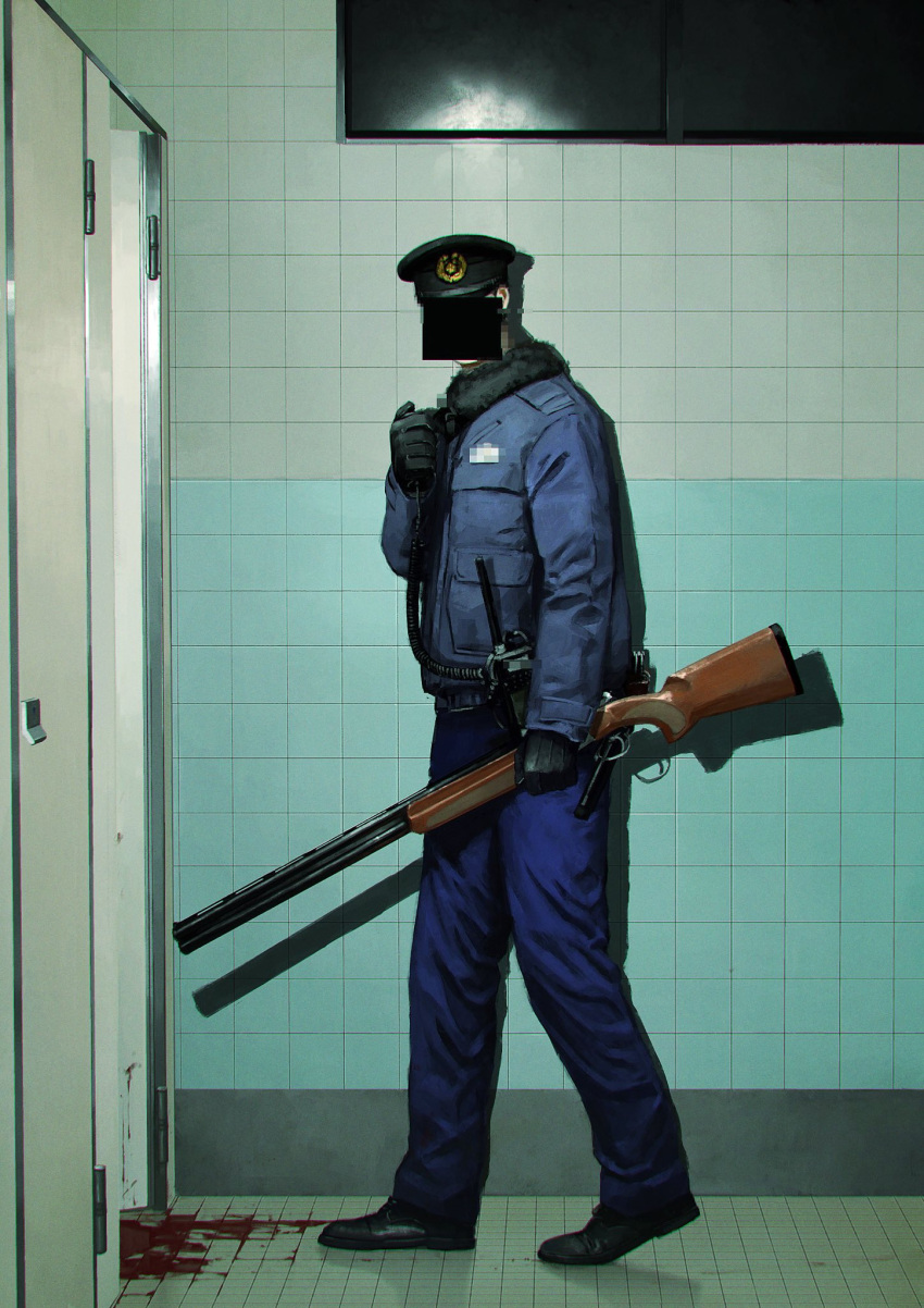 131_nngo 1boy bathroom black_footwear black_gloves blood_on_ground blue_jacket blue_pants censored commentary_request fur-trimmed_jacket fur_trim gloves gun hat highres holding holding_gun holding_weapon horror_(theme) identity_censor indoors jacket long_sleeves mosaic_censoring original pants pocket police police_hat police_uniform policeman shotgun solo tile_floor tile_wall tiles uniform walkie-talkie weapon window