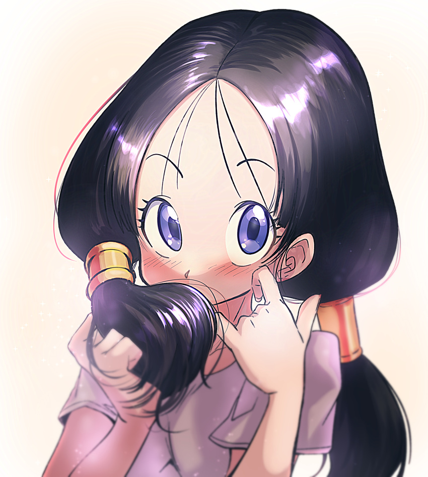 1girl absurdres black_hair blue_eyes blush dragon_ball dragon_ball_z highres long_hair looking_at_viewer shirt simple_background solo twintails videl white_background white_shirt yuuri_(fukuroudou)