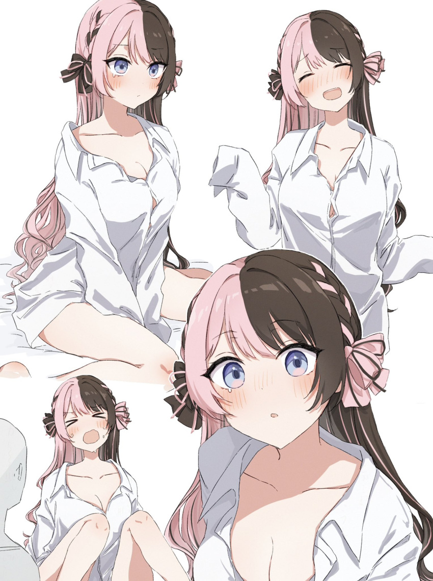 1girl barefoot blue_eyes blush bow braid breasts brown_bow brown_hair brown_ribbon button_gap closed_eyes collared_shirt dress_shirt drunk french_braid hair_bow hair_ribbon highres kuritaso111 large_breasts long_hair long_sleeves looking_at_viewer multicolored_hair multiple_views naked_shirt no_bra nose_blush open_mouth oversized_clothes oversized_shirt pink_bow pink_hair pink_ribbon ribbon screaming shirt simple_background sitting sleeves_past_fingers sleeves_past_wrists split-color_hair swept_bangs tachibana_hinano_(vtuber) textless_version two-tone_hair v_arms very_long_hair virtual_youtuber vspo! wariza white_background white_shirt wide-eyed wing_collar