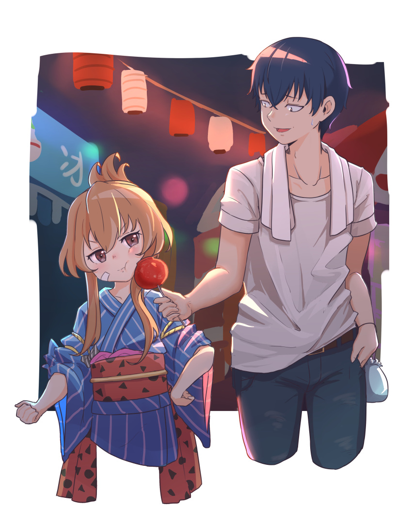 1boy 1girl absurdres aisaka_taiga bandaid bandaid_on_cheek bangs blue_hair blue_kimono blush brown_eyes brown_hair candy_apple clenched_hands closed_mouth commentary_request cowboy_shot denim festival food hair_between_eyes hand_in_pocket highres japanese_clothes jeans kimono kinchaku lantern lantern_festival long_hair long_sleeves looking_at_another obi open_mouth pants paper_lantern pouch sash shirt short_hair short_sleeves sidelocks sky_lantern sleeves_pushed_up smile standing sweatdrop takasu_ryuuji toradora! towel upper_body white_shirt wide_sleeves wukun yukata