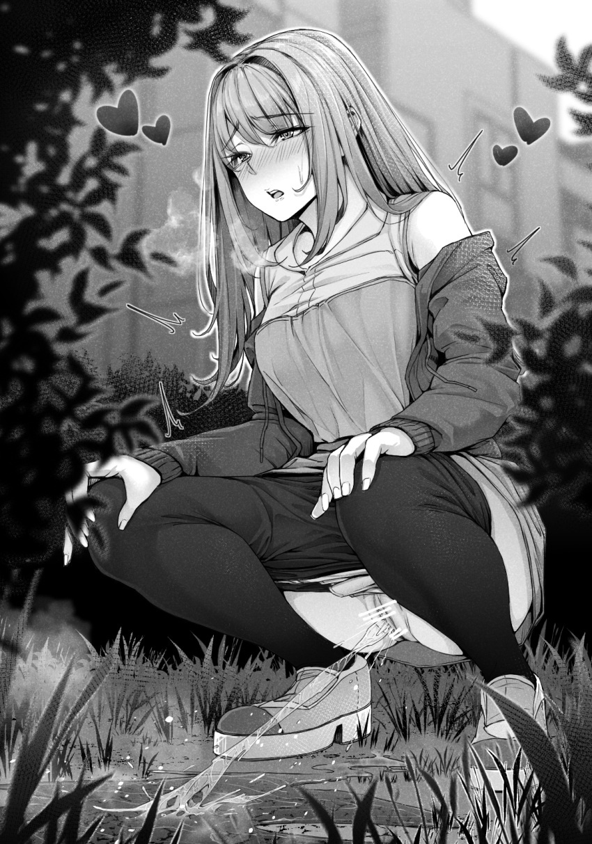 1girl bangs bar_censor bare_shoulders blush breasts breath bush censored clothes_pull commentary_request day drawstring eyebrows_visible_through_hair full_body grass greyscale half-closed_eyes hands_on_own_knees heart highres jacket kokomachi long_hair long_sleeves medium_breasts miniskirt monochrome nose_blush off_shoulder open_clothes open_jacket open_mouth original outdoors outline panties panty_pull pantyhose pantyhose_pull pee peeing puddle pussy shiny shiny_hair shirt shirt_tucked_in shoes sidelocks skirt sleeveless sleeveless_shirt solo squatting steam teeth trembling underwear white_outline