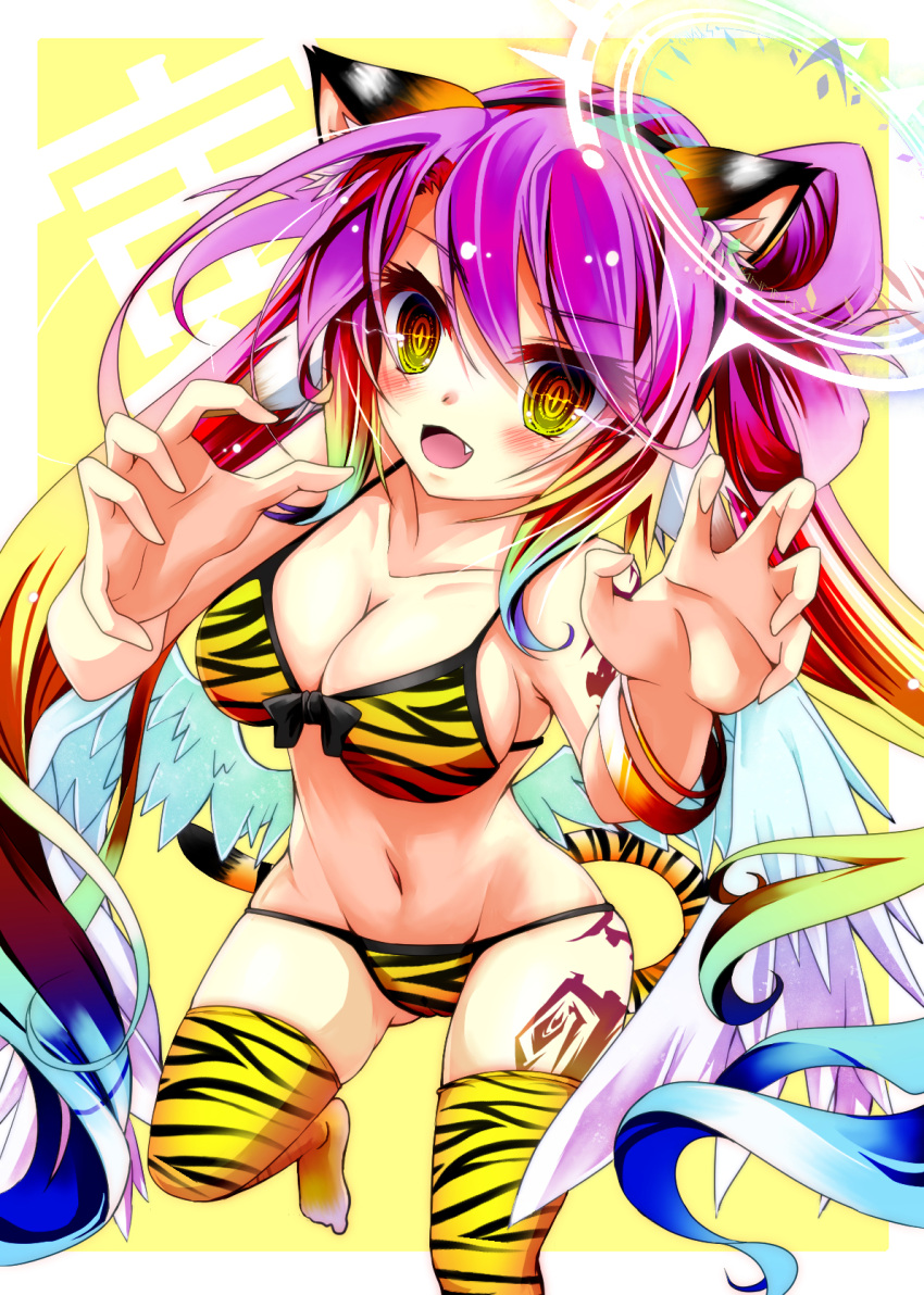 1girl :d angel angel_wings animal_ears animal_print bikini blush bracelet breasts chinese_zodiac cleavage commentary_request fang feathered_wings gradient_eyes gradient_hair halo happy happy_new_year highres jewelry jibril_(no_game_no_life) large_breasts long_hair looking_at_viewer low_wings magic_circle mii_aki multicolored_eyes multicolored_hair navel new_year no_game_no_life no_shoes orange_eyes paw_pose pink_hair smile solo stomach swimsuit tail tattoo thighhighs tiger_ears tiger_girl tiger_print tiger_stripes tiger_tail very_long_hair white_wings wing_ears wings year_of_the_tiger yellow_eyes