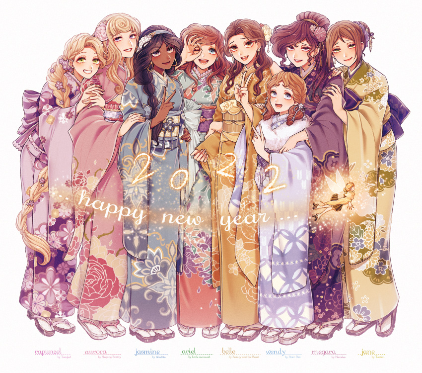 2022 6+girls :d adapted_costume aladdin_(disney) aqua_kimono ariel_(disney) aurora_(disney) bangs beauty_and_the_beast belle_(disney) black_hair blonde_hair blue_eyes blue_kimono braid braided_ponytail brown_eyes brown_hair brown_kimono character_name child closed_mouth company_connection copyright_name crossover curly_hair dark-skinned_female dark_skin disney earrings english_text eyelashes eyeshadow fairy fingernails floral_print flower flower_braid flying full_body fur_shawl fur_trim furisode geta green_eyes green_kimono grin hair_bun hair_flower hair_ornament hair_over_shoulder hairband half_updo hand_on_another's_arm hand_on_another's_shoulder hand_up hands_on_another's_arm happy_new_year hercules_(disney) highres holding_another's_arm jane_porter japanese_clothes jasmine_(disney) jewelry kimono leaning_forward leaning_on_person light_particles lineup lipstick long_hair long_sleeves looking_at_viewer makeup megara_(disney) miniskirt mizala multi-tied_hair multiple_braids multiple_crossover multiple_girls new_year obi ok_sign ok_sign_over_eye one_eye_closed pearl_(gemstone) peter_pan_(disney) pinching_sleeves pink_flower pink_kimono pleated_skirt ponytail purple_eyes purple_flower purple_kimono purple_ribbon rapunzel_(disney) red_lips ribbon sash shawl side-by-side simple_background skirt sleeping_beauty sleeves_past_wrists smile standing striped striped_sash swept_bangs tabi tangled tarzan the_little_mermaid tinker_bell_(disney) twin_braids v very_long_hair wavy_hair wendy_darling white_background white_flower white_legwear wide_sleeves wings yellow_flower yellow_kimono