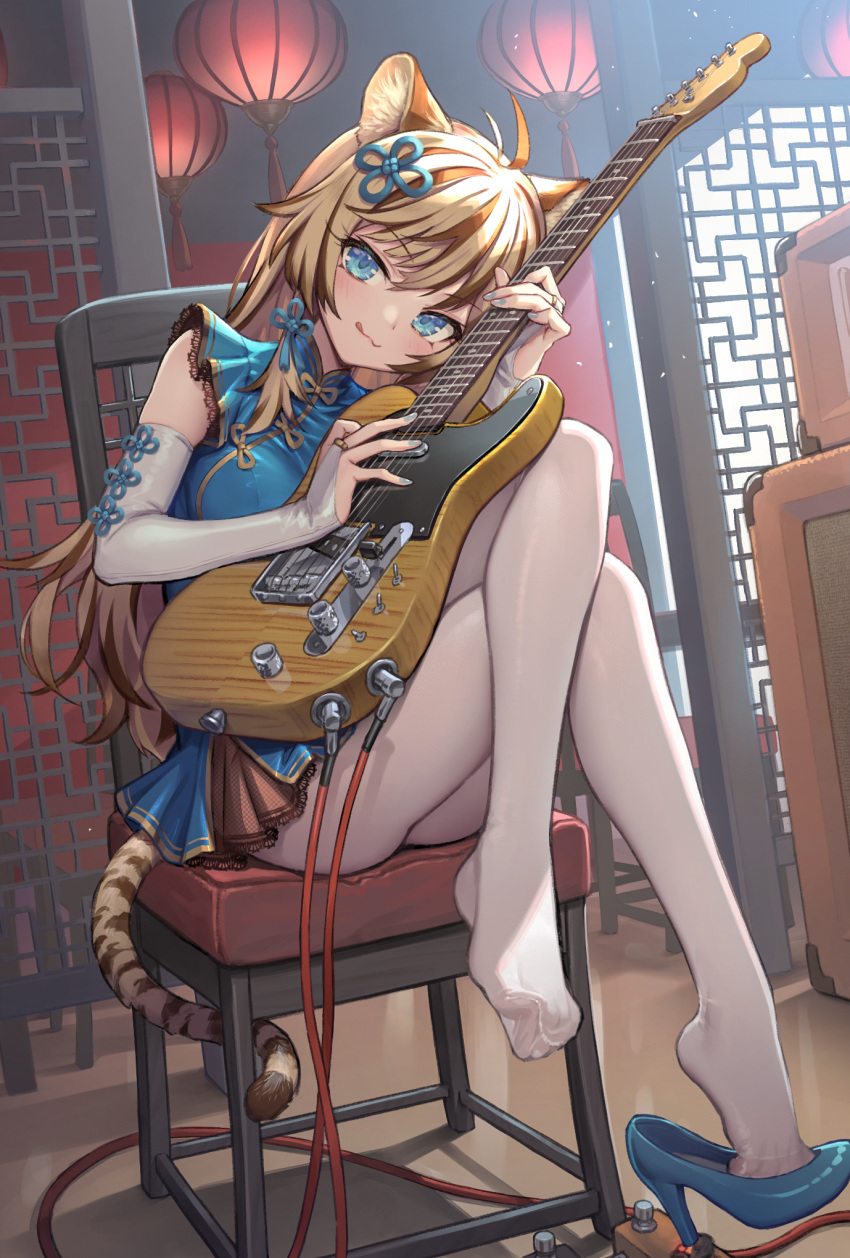 1girl :3 :q ahoge animal_ear_fluff animal_ears blonde_hair blue_dress blue_eyes blue_ribbon blush cable chair chinese_zodiac closed_mouth commentary crossed_legs dress electric_guitar english_commentary full_body guitar hair_ribbon high_heels highres holding holding_instrument indoors instrument kurobuta_gekkan lantern legs long_hair looking_at_viewer on_chair original pantyhose paper_lantern ribbon shoe_dangle shoes short_dress sidelocks single_shoe sitting sleeveless sleeveless_dress smile solo tail tiger_ears tiger_girl tiger_tail tongue tongue_out white_legwear year_of_the_tiger