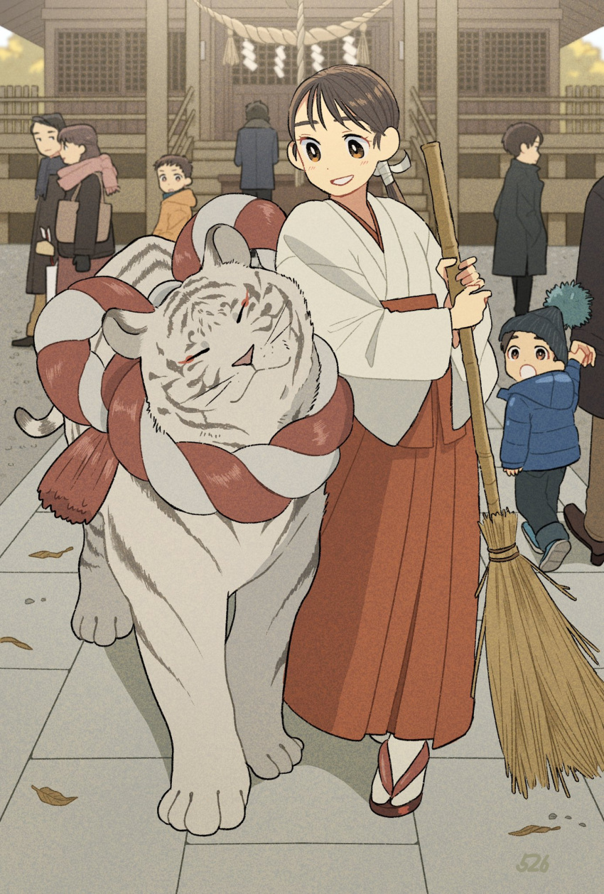 1girl 2022 black_hair black_headwear blue_coat broom brown_eyes brown_hair chinese_zodiac coat hakama highres japanese_clothes kojiro337 miko original outdoors parted_lips ponytail red_hakama rope shadow shinto smile solo_focus stairs sweeping tiger white_tiger year_of_the_tiger