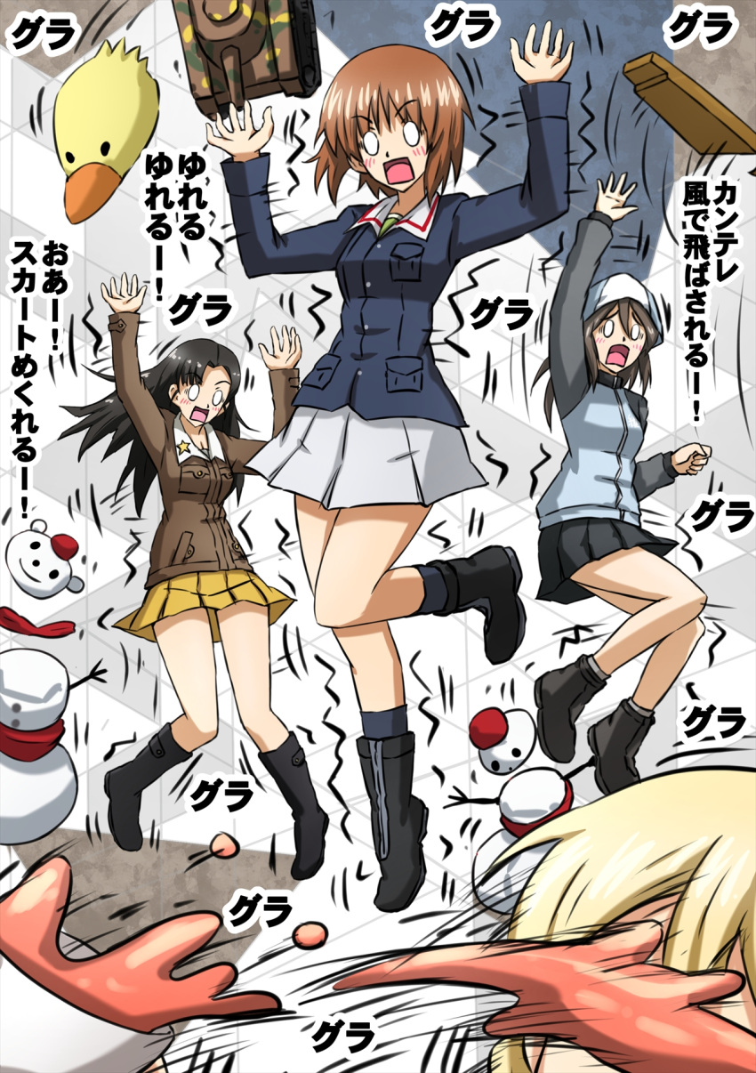 0_0 4girls ankle_boots arm_up arms_up asymmetrical_bangs bangs bird black_footwear black_hair black_legwear blonde_hair blue_footwear blue_headwear blue_jacket blue_skirt blush boots brown_hair brown_jacket chi-hatan_military_uniform commentary darjeeling_(girls_und_panzer) duck eyebrows_visible_through_hair floating frown girls_und_panzer green_shirt grey_legwear ground_vehicle hat highres instrument jacket kantele keizoku_military_uniform knee_boots leg_up long_hair long_sleeves mika_(girls_und_panzer) military military_uniform military_vehicle miniskirt motion_lines motor_vehicle multiple_girls nishi_kinuyo nishizumi_miho omachi_(slabco) ooarai_military_uniform open_mouth pleated_skirt raglan_sleeves reaching shirt short_hair skirt snowman socks spilling star_(symbol) straight_hair tank track_jacket translated tulip_hat uniform white_skirt yellow_skirt