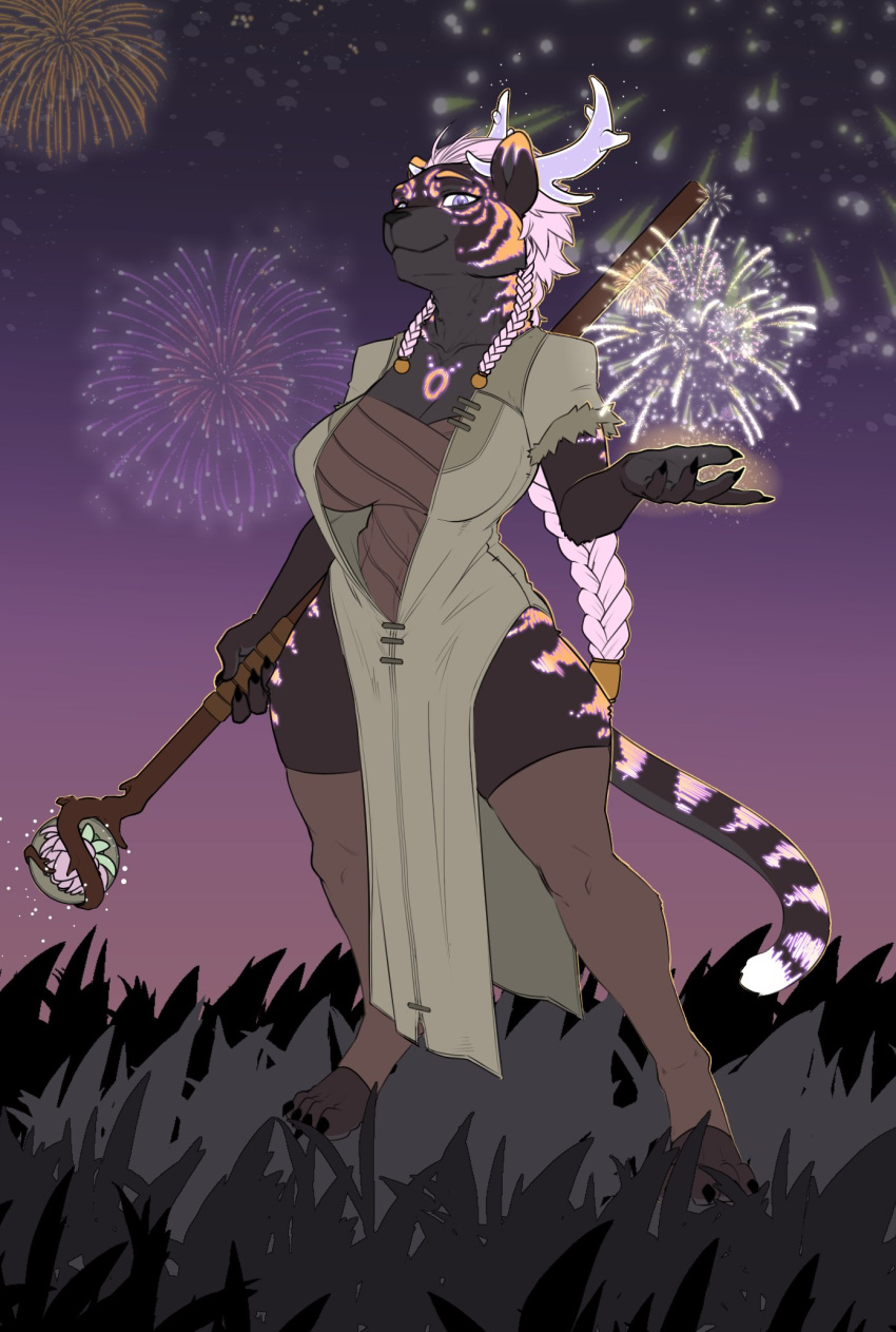 4_toes 5_fingers anthro antlers big_breasts black_body black_fur braided_hair breasts cleavage clothed clothing feet felid female fingers fireworks full-length_portrait fur hair hi_res horn legwear looking_at_viewer magic magic_user mammal multicolored_body multicolored_fur night outside pantherine papa_soul pink_hair portrait purple_eyes solo staff standing striped_body striped_fur stripes thigh_highs tiger toes wide_hips