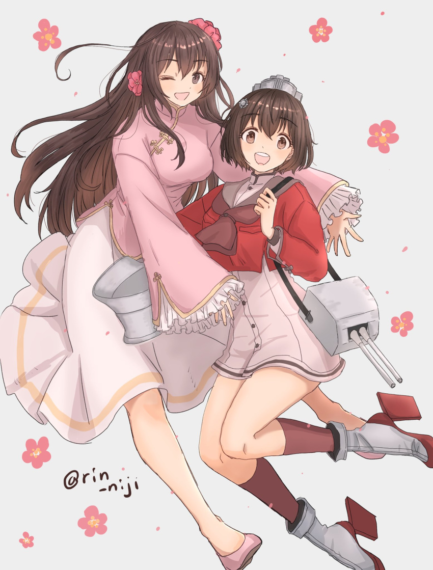 2girls axis_powers_hetalia bangs blush breasts brown_hair chinese_clothes commentary_request crossover dress flower frilled_skirt frills hair_flower hair_ornament headgear highres kantai_collection kneehighs long_hair long_sleeves looking_at_viewer medium_breasts multiple_girls one_eye_closed open_mouth pink_flower pink_footwear red_legwear rigging rin_(rin_niji) rudder_footwear sailor_collar sailor_dress short_hair skirt taiwan_(hetalia) tan_yang_(kancolle) twitter_username yukikaze_(kancolle)