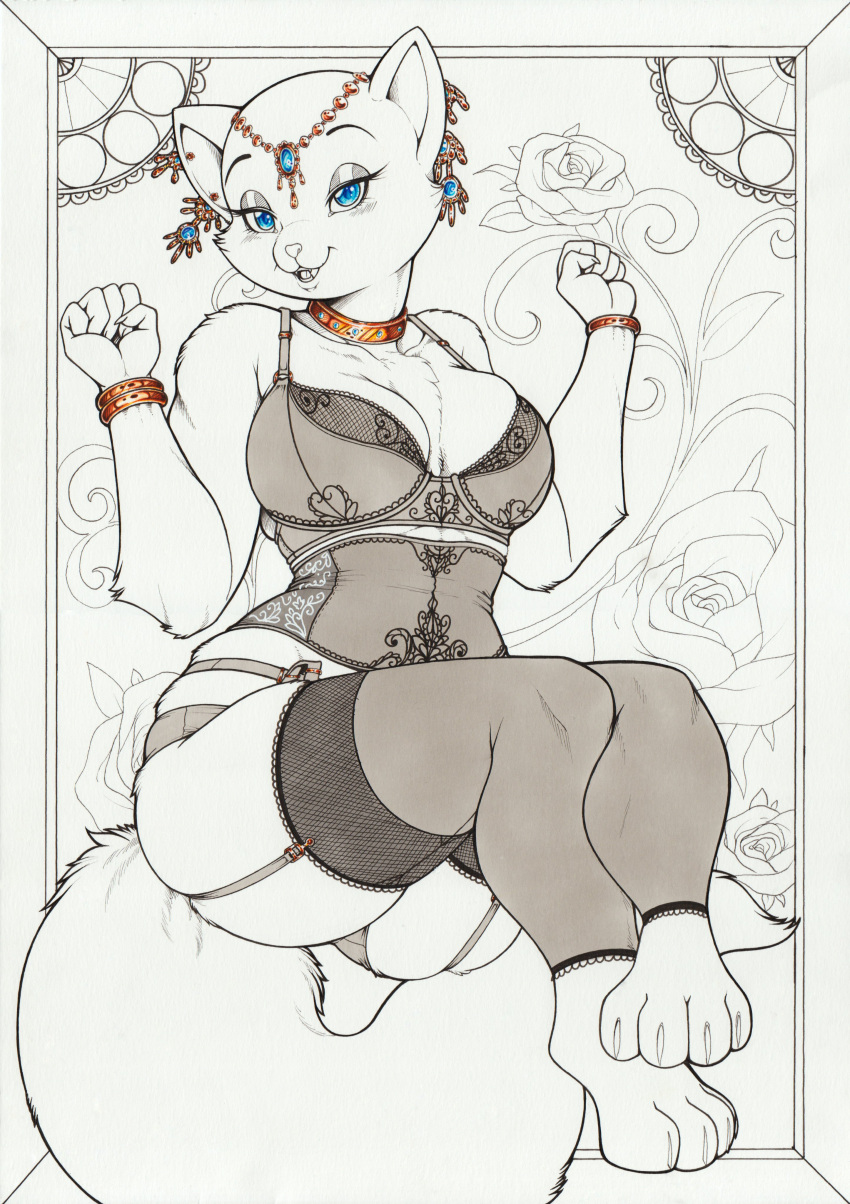 4_toes 5_fingers absurd_res anthro anthrofied blue_eyes bra breasts clothed clothing disney domestic_cat duchess_(aristocats) ear_piercing eyebrows feet felid feline felis female fingers flower fur garter_belt garter_straps half-closed_eyes hi_res jewelry lingerie longinius looking_at_viewer mammal mature_anthro mature_female narrowed_eyes open_mouth piercing plant restricted_palette solo the_aristocats toes underwear wide_hips