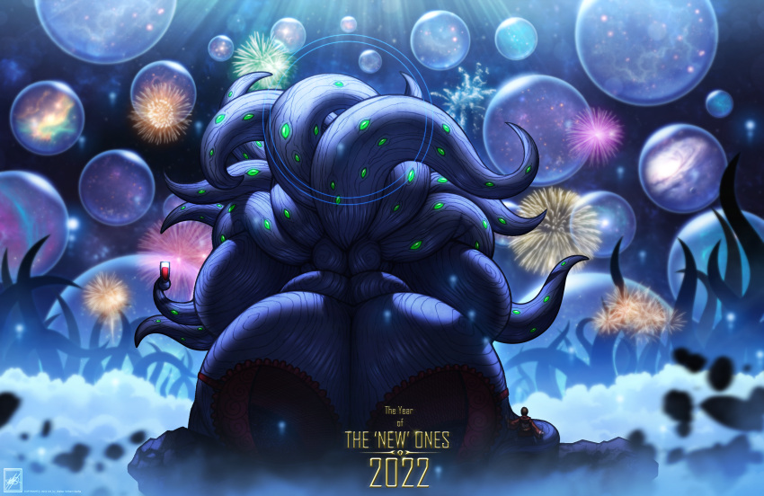 absurd_res anthro big_breasts big_butt bra breasts butt clothing container cosmic_horror cthulhu_mythos cup digital_media_(artwork) drinking_glass duo eldritch_abomination female fireworks glass glass_container glass_cup h.p._lovecraft hi_res holidays human male male/female mammal new_year space star_gazing tendrils underwear walter_sache wine_glass