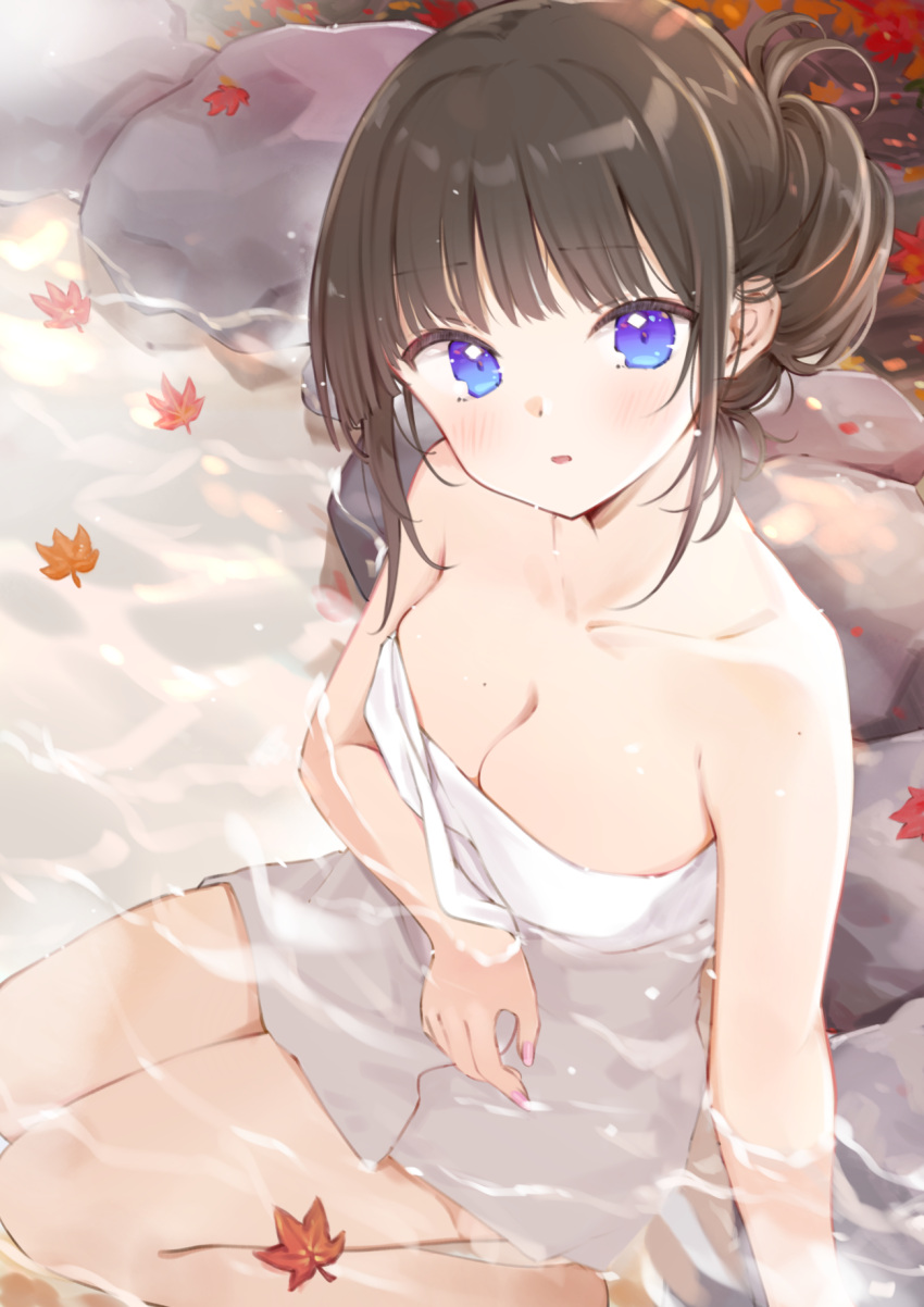 1girl bangs bare_legs bare_shoulders barefoot black_hair blue_eyes blush breasts cleavage collarbone eyebrows eyebrows_visible_through_hair fingernails highres large_breasts leaf long_hair looking_at_viewer looking_up maigoyaki maple_leaf mole mole_on_breast mole_on_shoulder nail_polish naked_towel onsen original parted_lips partially_submerged pink_nails sitting towel