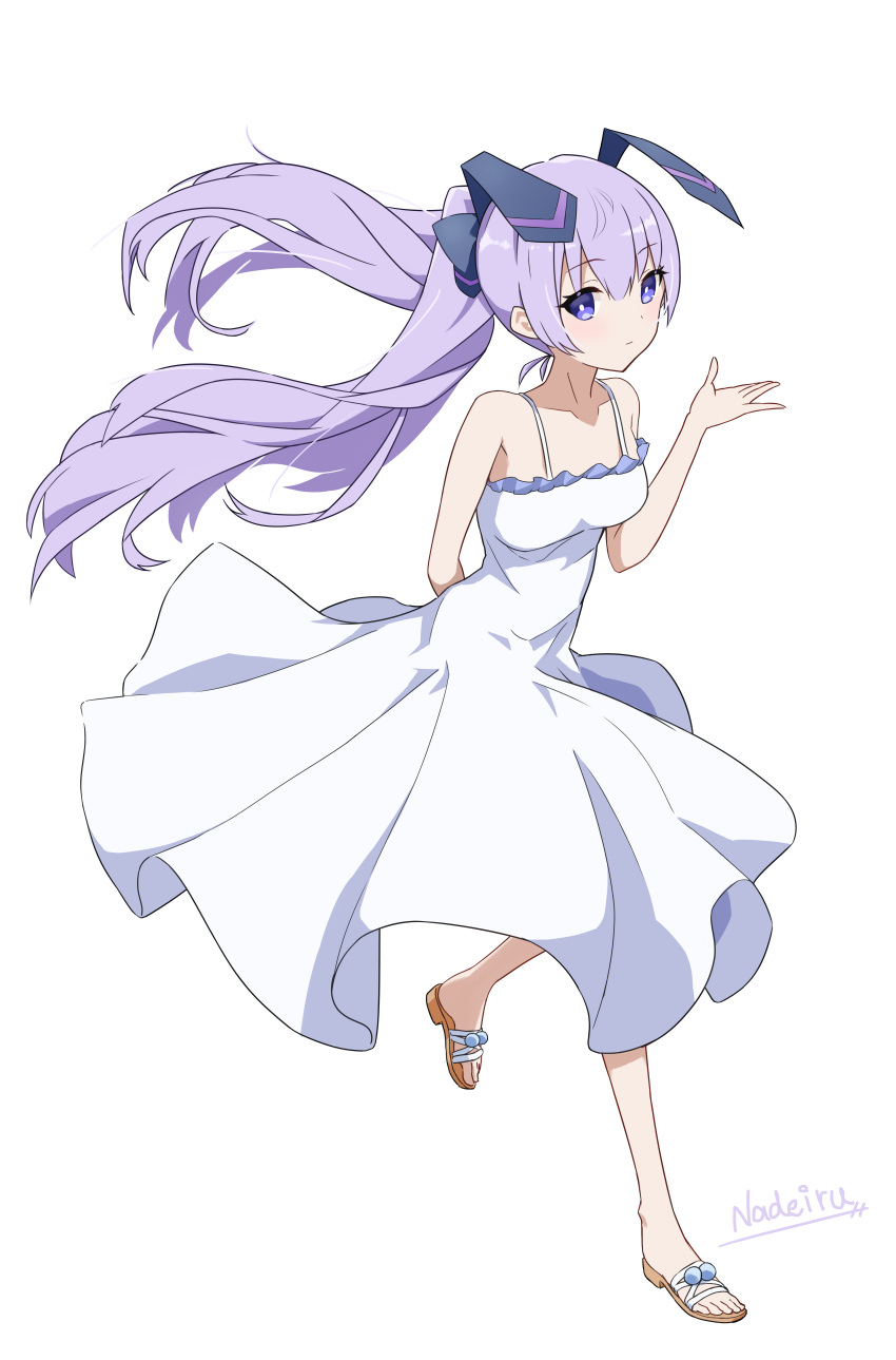 1girl absurdres barefoot_sandals blue_eyes blush breasts bright_pupils dress eyebrows_visible_through_hair floating_hair hair_behind_ear highres leg_up looking_at_viewer muvluv muvluv_alternative muvluv_alternative_(anime) nadei_ru open_hand sandals silver_hair small_breasts solo twintails white_dress white_pupils yashiro_kasumi