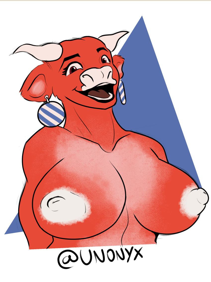 absurd_res anthro big_breasts bovid bovine breasts bust_portrait cattle ear_piercing female fur hands_behind_back hi_res horn laugh mammal nipples piercing portrait red_body red_fur smile solo the_laughing_cow unonyx white_nipples