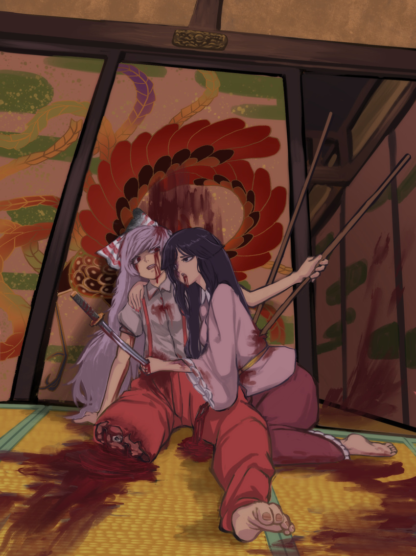 2girls absurdres against_door amputee architecture bangs barefoot black_eyes black_hair bleeding blood blood_from_eyes blood_from_mouth blood_on_clothes blood_on_face blood_splatter bow burnt_clothes cuts deep_wound east_asian_architecture frilled_sleeves frills fujiwara_no_mokou fusuma grey_hair grey_shirt guro hair_bow hand_on_another's_shoulder highres holding holding_sword holding_weapon houraisan_kaguya impaled indoors injury kaden_(muxt8423) katana leaning_on_person long_hair missing_limb multiple_girls nail_polish on_floor open_mouth pants pink_shirt polearm puffy_short_sleeves puffy_sleeves red_eyes red_pants red_skirt scar scar_across_eye shirt short_sleeves sitting skirt sliding_doors spear suspenders sword tatami toenails torn_clothes touhou weapon wide_sleeves