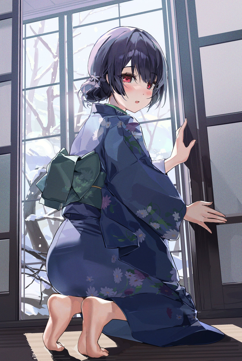 1girl absurdres bangs barefoot black_hair blue_kimono blush branch commentary_request double_bun eyebrows_visible_through_hair feet floral_print hair_bun hair_ornament highres japanese_clothes kimono kneeling looking_at_viewer obi onew open_mouth original print_kimono red_eyes sash snow solo tatami toes tree wide_sleeves winter