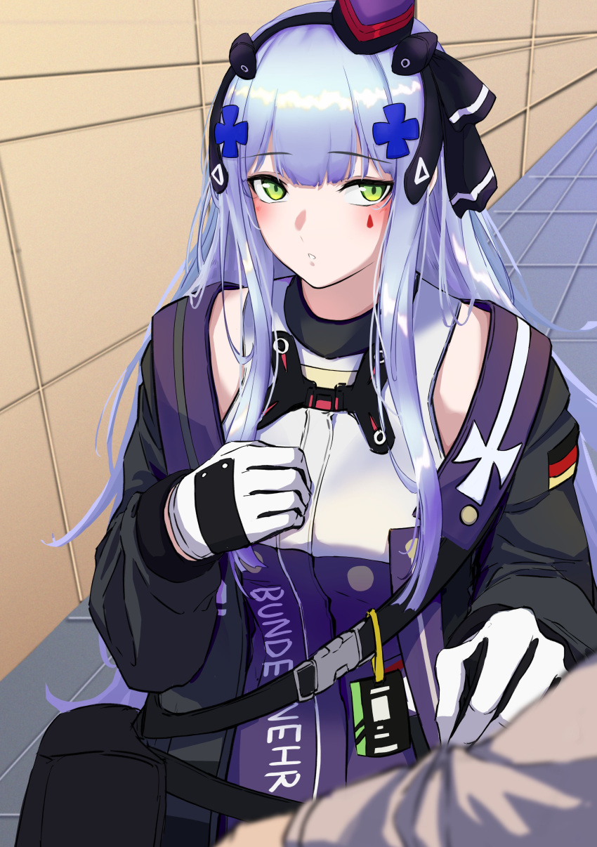 1girl 3_small_spiders absurdres bag bangs black_ribbon blue_hair blush closed_mouth eyebrows_visible_through_hair feet_out_of_frame german_flag girls'_frontline gloves green_eyes hair_ornament hair_ribbon hairclip hand_on_own_chest hat headset highres hk416_(girls'_frontline) long_hair looking_at_viewer mini_hat ribbon solo standing tactical_clothes teardrop_facial_mark teardrop_tattoo wall white_gloves