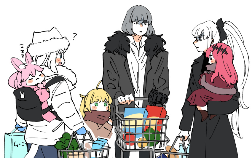 1boy 5girls ahoge animal_ears artoria_pendragon_(caster)_(fate) artoria_pendragon_(fate) baby_carrier blonde_hair coat contemporary dobrynya_nikitich_(fate) fairy_knight_tristan_(fate) fate/grand_order fate_(series) fur-trimmed_headwear grey_hair groceries highres koyanskaya_(fate) long_hair morgan_le_fay_(fate) multiple_girls oberon_(fate) pink_hair ponytail shopping_cart tamamo_(fate) white_hair younger zakka_(d-o-t) zzz