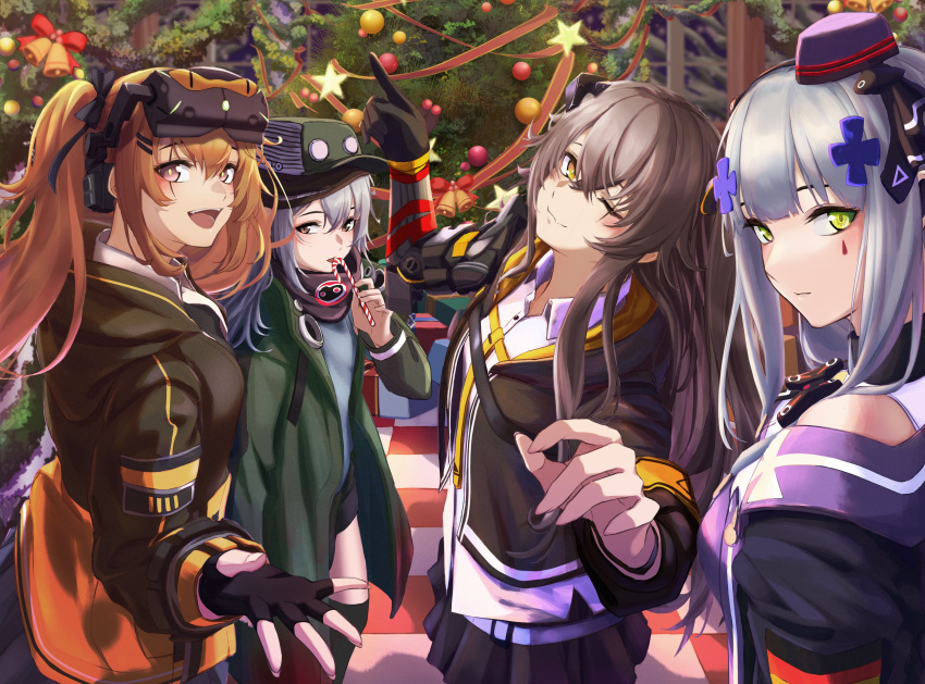 3_small_spiders 4girls absurdres bangs black_gloves black_jacket black_shorts black_skirt blue_hair blush bow box brown_eyes brown_hair candy christmas_ornaments christmas_tree closed_mouth expressionless eyebrows_visible_through_hair fingerless_gloves floor food g11_(girls'_frontline) german_flag gift gift_box girls'_frontline gloves green_eyes green_headwear green_jacket grey_eyes hair_between_eyes hair_bow hair_ornament hair_ribbon hairclip hat headset highres hk416_(girls'_frontline) holding holding_candy holding_food hood hooded_jacket index_finger_raised jacket long_hair looking_at_viewer mechanical_arms mini_hat multiple_girls one_eye_closed open_clothes open_jacket open_mouth ribbon scar scar_across_eye scarf shirt shorts single_mechanical_arm skirt smile tactical_clothes teeth twintails ump45_(girls'_frontline) ump9_(girls'_frontline) upper_body upper_teeth uwu white_shirt