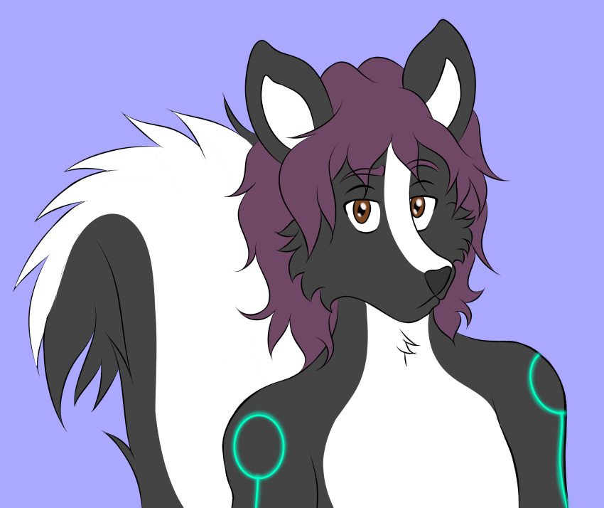 anthro black_body brown_eyes cybernetics girly hair half_body hi_res looking_at_viewer machine male mammal mephitid nonbinary_(lore) purple_hair quantum_lapiz simple_background skunk solo theo_nyx white_body