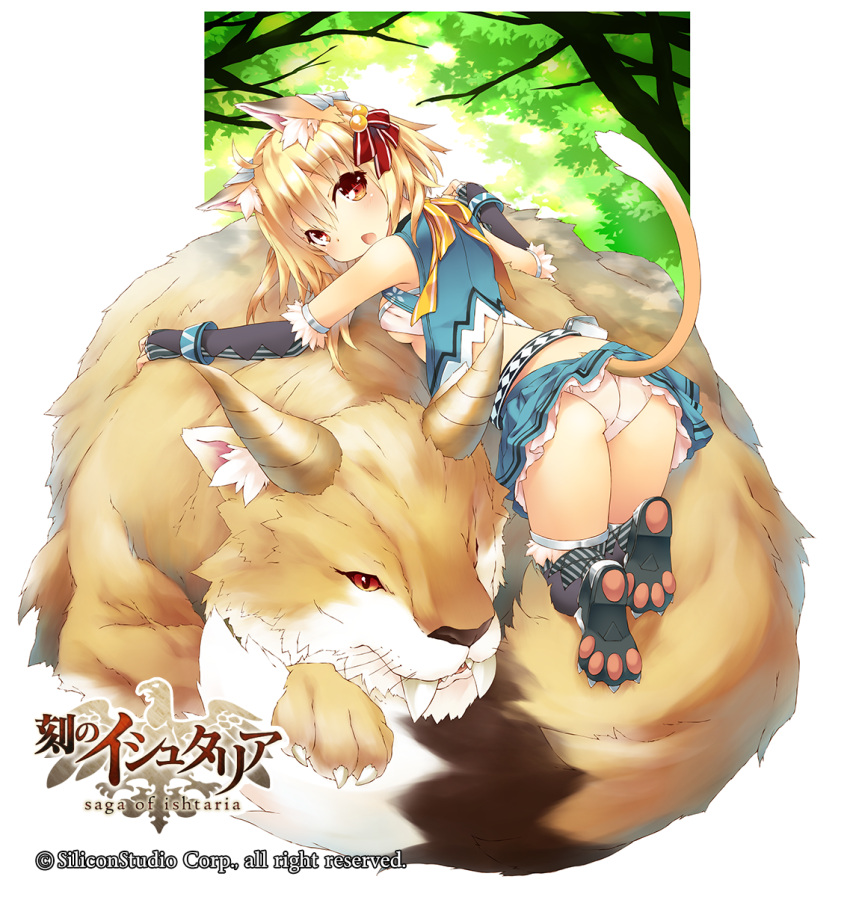1girl :o age_of_ishtaria animal animal_ear_fluff animal_ears bangs blonde_hair blue_skirt bow breasts clothes_lift copyright eyebrows_visible_through_hair from_behind guna_(age_of_ishtaria) hair_between_eyes hair_bow highres looking_at_viewer looking_back lying medium_hair miniskirt official_art on_stomach orange_eyes panties paw_print_soles pleated_skirt saeki_touma skirt skirt_lift small_breasts solo tail tail_lift tail_raised underboob underwear white_panties