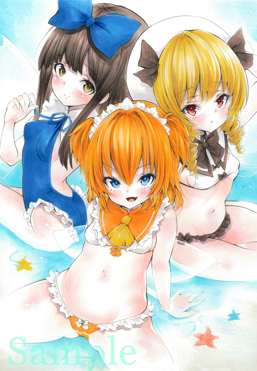 3girls arim0k0 ascot bangs beach bikini blonde_hair blue_bow blue_eyes blue_swimsuit bow breasts brown_eyes brown_hair closed_mouth drill_locks eyebrows_visible_through_hair fairy_wings fang frilled_bikini frilled_swimsuit frills hair_bow highres long_hair looking_at_viewer luna_child multiple_girls navel one-piece_swimsuit open_mouth orange_hair red_eyes sample short_hair sitting small_breasts smile star_sapphire starfish sunny_milk swimsuit touhou transparent_wings two_side_up white_bikini white_headdress white_headwear wings yellow_ascot