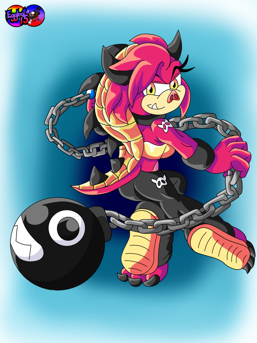 absurd_res anthro armadillo chain chain_chomp claws clothing digital_media_(artwork) eggbot15 fan_character feet female fur gold_(metal) hair hi_res horn mammal mario_and_luigi_(series) mario_bros midbus muscular nintendo pink_body pink_fur pink_hair pink_nose sega sharp_teeth smile solo sonic_the_hedgehog_(series) spiked_tail spikes spikes_(anatomy) suid suina teeth toes video_games warthog wrecking_ball xenarthran yellow_eyes