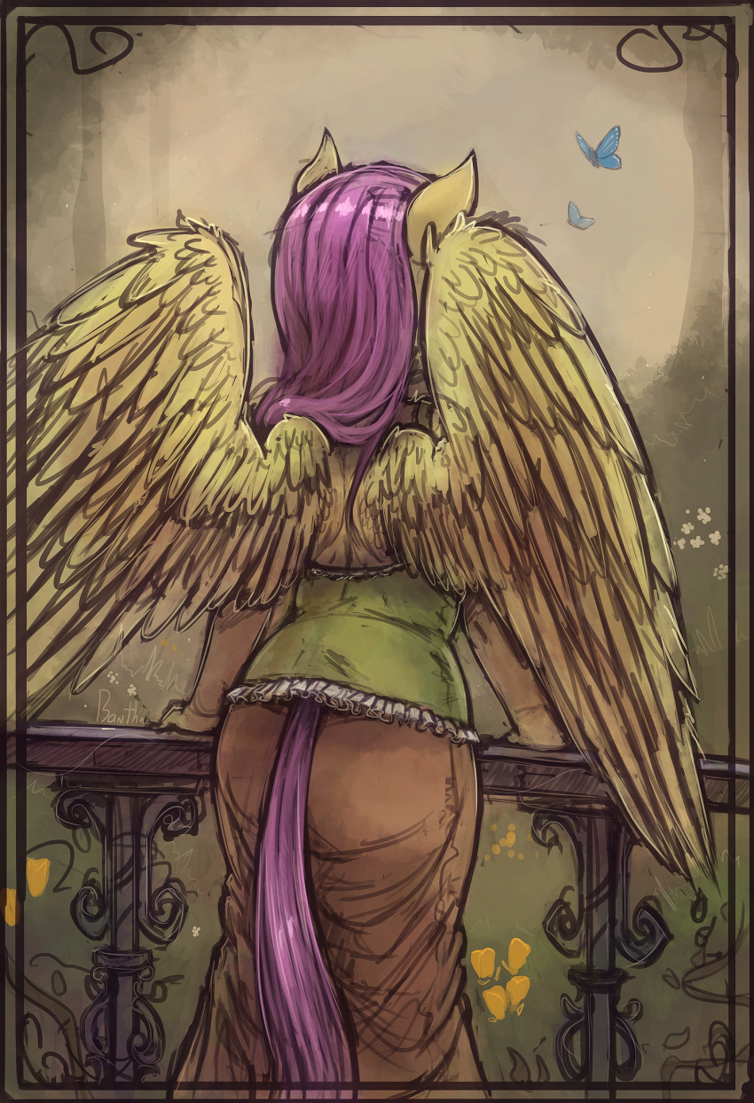 2021 anthro arthropod bantha butt butterfly clothed clothing equid equine feathered_wings feathers female fluttershy_(mlp) friendship_is_magic hasbro hi_res insect lepidopteran mammal my_little_pony pegasus rear_view wings