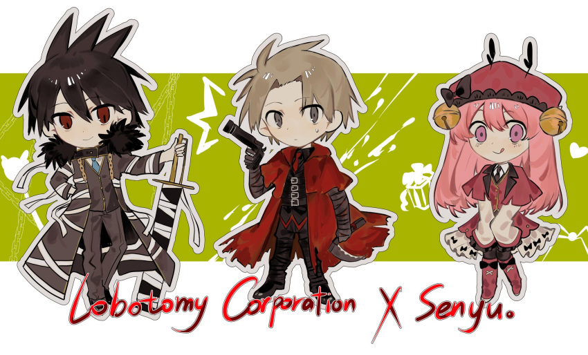 1girl 2boys :q akasasachii alba_(senyuu) antennae bell black_coat black_hair black_pants black_vest blue_necktie boots brown_eyes brown_hair capelet closed_mouth coat crimson_scar_(e.g.o) dress e.g.o_(project_moon) full_body gun hair_bell hair_ornament hat highres holding holding_gun holding_sickle holding_weapon jingle_bell justitia_(e.g.o) laetitia_(e.g.o) lobotomy_corporation long_hair looking_at_viewer multiple_boys necktie pants pink_capelet pink_dress pink_footwear pink_hair pink_hat project_moon red_capelet red_coat red_eyes ross_(senyuu) ruki_(senyuu) sen'yuu. shirt smile tongue tongue_out very_long_hair vest weapon white_shirt