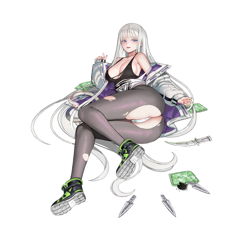 1girl albino ass battle_damage breasts cheona_(last_origin) coat colored_eyelashes earrings eyebrows_visible_through_hair full_body green_nails grey_legwear high_tops highres jewelry knife last_origin long_hair looking_at_viewer medium_breasts multicolored_nails official_art on_ground panties pantyhose purple_nails silver_hair sleeves_past_wrists snake tachi-e taesi tears throwing_knife torn_clothes torn_legwear transparent_background underwear very_long_hair weapon white_snake