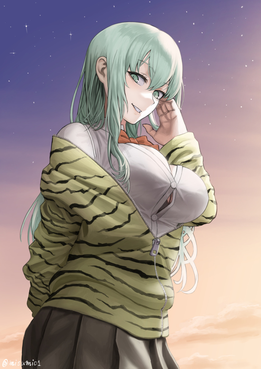 1girl alternate_costume animal_print aqua_eyes aqua_hair arm_behind_back bangs black_bra black_skirt bow bowtie bra bra_visible_through_clothes bralines breasts button_gap cleavage cloud eyebrows_visible_through_hair hair_between_eyes highres jacket kantai_collection large_breasts long_hair misumi_(niku-kyu) open_clothes open_jacket outdoors pleated_skirt red_bow red_bowtie see-through shirt skirt sky solo star_(sky) suzuya_(kancolle) tiger_print twintails underwear white_shirt