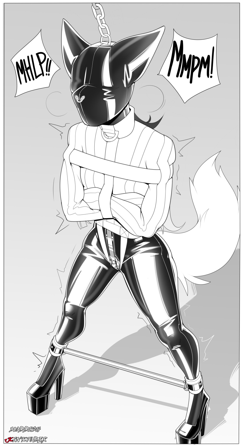 absurd_res anthro bdsm bondage bound chastity_belt chastity_device clothing female footwear hi_res high_heels hooded latex mask moddish restraints shoes solo straitjacket