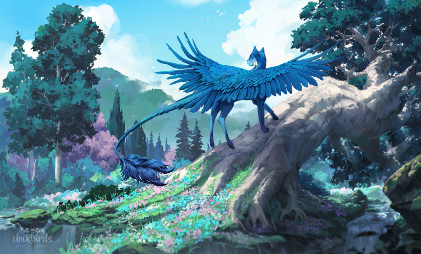 2022 ambiguous_gender blue_body blue_feathers blue_fur clockbirds day detailed_background digital_media_(artwork) feathered_wings feathers felid feline feral fur grass hi_res hooves hybrid mammal outside plant sky solo standing wings