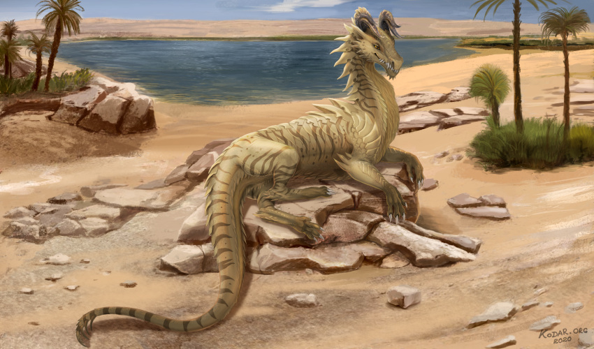 2020 absurd_res ambiguous_gender beach claws conditional_dnp day detailed_background dragon feral hi_res horn kodardragon outside paws sand scales seaside shoreline sky smile solo teeth water wingless_dragon
