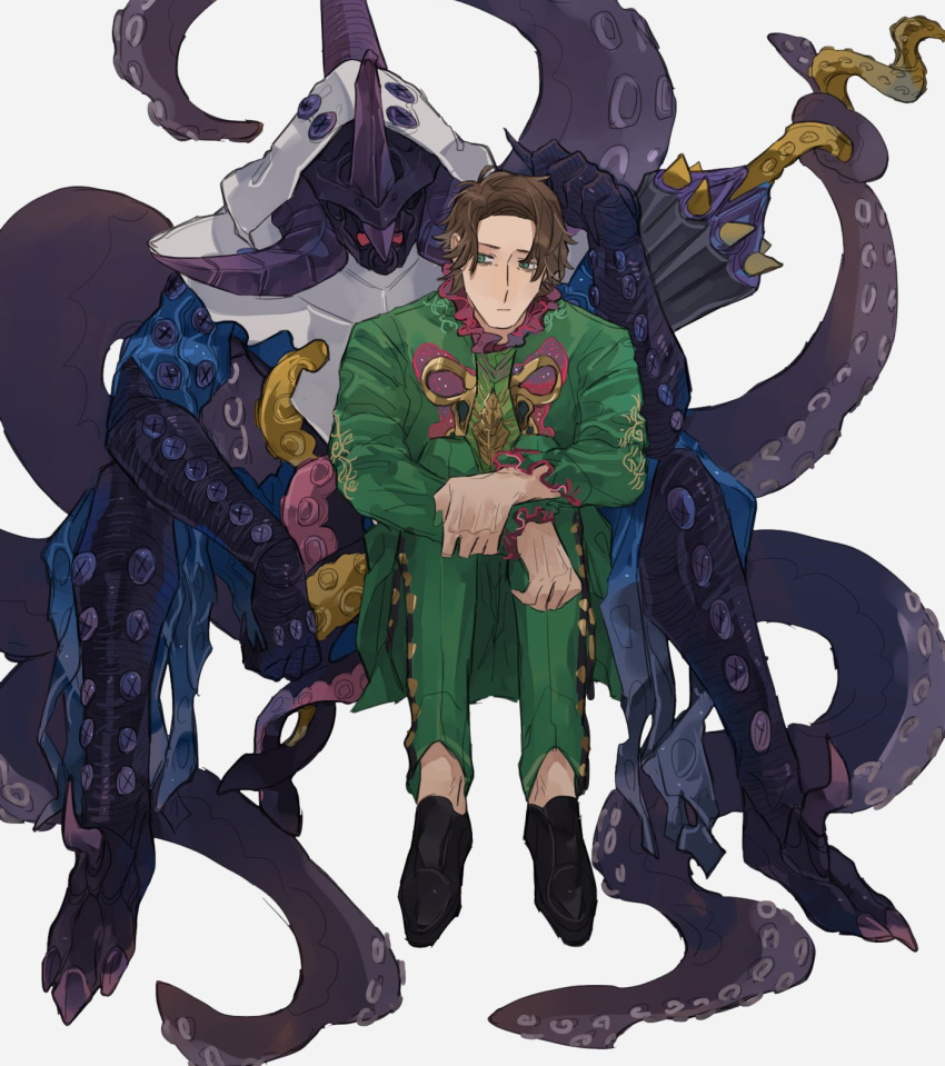 1boy bbbb_fex daiouika_deadman deadmen_(kamen_rider_revice) eldritch_abomination giant_squid gifftex goat green_eyes green_jacket green_pants highres holding holding_weapon jacket kamen_rider mexican_clothes monster monster_boy olteca_(kamen_rider_revice) pants paranegro red_eyes sitting squid sword tentacles umbrella weapon white_background