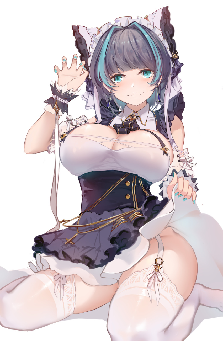 1girl :3 absurdres animal_ears aqua_eyes aqua_hair aqua_nails azur_lane breasts cat_ears cheshire_(azur_lane) cleavage dress fake_animal_ears garter_straps highres huijin_zhi_ling large_breasts medium_hair multicolored_hair paw_pose purple_apron purple_hair simple_background sitting solo thighhighs two-tone_hair wariza white_background white_dress white_garter_straps white_legwear