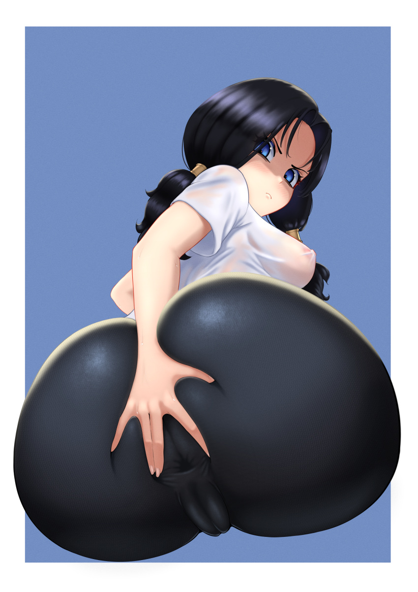 1girl absurdres anus ass ass_grab bangs bike_shorts black_hair blue_eyes blush breasts cameltoe closed_mouth covered_anus covered_nipples deep_skin dragon_ball dragon_ball_z eyebrows_visible_through_hair fingerless_gloves gloves hair_ornament hand_on_ass highres iceringer large_breasts long_hair looking_at_viewer nipples presenting see-through shirt short_sleeves solo spread_anus spread_anus_under_clothes spread_ass twintails videl white_shirt
