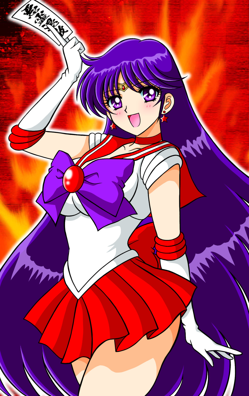 1girl :d arm_behind_back bangs bare_legs bishoujo_senshi_sailor_moon choker collarbone commentary cowboy_shot earrings elbow_gloves eyebrows_visible_through_hair eyelashes fire forehead frilled_skirt frills gloves hand_up highres hino_rei holding_charm jewelry leotard long_hair looking_at_viewer magical_girl nagaigoz open_mouth purple_eyes purple_hair red_choker red_skirt sailor_mars sailor_senshi_uniform short_sleeves skirt smile solo standing star_(symbol) star_earrings thighs tiara tongue white_gloves white_leotard