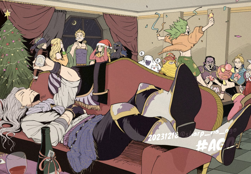 3girls 6+boys armlet armor ascot black_hair black_shirt blonde_hair boots bottle card celes_chere christmas christmas_tree couch crescent_moon crossed_ankles cup cyan_garamonde dress drinking_glass edgar_roni_figaro facial_hair fake_facial_hair fake_mustache final_fantasy final_fantasy_vi gau green_hair green_shorts grey_hair grey_shirt hand_on_own_face hat headscarf holding holding_bottle holding_card holding_party_popper indoors jewelry locke_cole low_ponytail mask merry_christmas moogle moon mouth_mask multiple_boys multiple_girls mustache ninja ninja_mask open_mouth pants parted_bangs party_popper reclining red_dress red_hat red_pants red_sleeves relm_arrowny sabin_rene_figaro santa_hat scar scar_on_face setzer_gabbiani shaded_face shadow_(ff6) sharp_na_ago shirt shorts shoulder_armor spoken_zzz strago_magus terra_branford umaro white_ascot wine_glass yellow_sleeves yeti_(creature) zzz