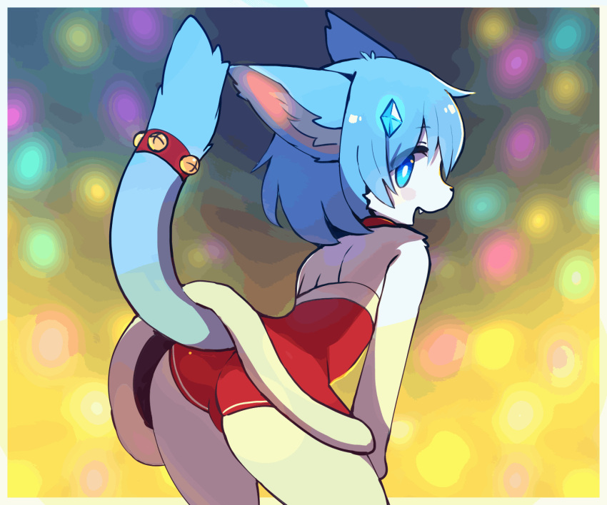 animated anthro blue_eyes butt christmas christmas_clothing clothed clothing conditional_dnp crunchobar dancing digital_media_(artwork) domestic_cat felid feline felis female fur hi_res holidays looking_at_viewer mammal open_mouth simple_background solo