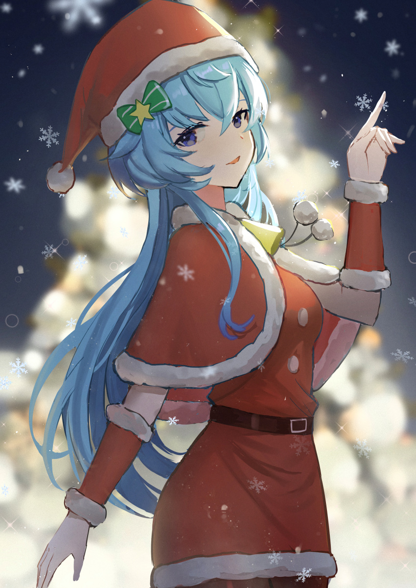 1girl absurdres bangs belt belt_buckle black_belt blue_eyes blue_hair blurry blurry_background bow buckle capelet christmas_tree cowboy_shot detached_sleeves dress floating_hair fur-trimmed_capelet fur-trimmed_dress fur-trimmed_headwear fur-trimmed_sleeves fur_trim ganyu_(genshin_impact) genshin_impact green_bow hair_between_eyes hair_bow hair_ornament halu_u hat highres long_hair looking_at_viewer open_mouth red_capelet red_dress red_headwear red_sleeves santa_costume santa_hat short_dress sleeveless sleeveless_dress snowflakes snowing solo standing star_(symbol) star_hair_ornament striped striped_bow very_long_hair winter