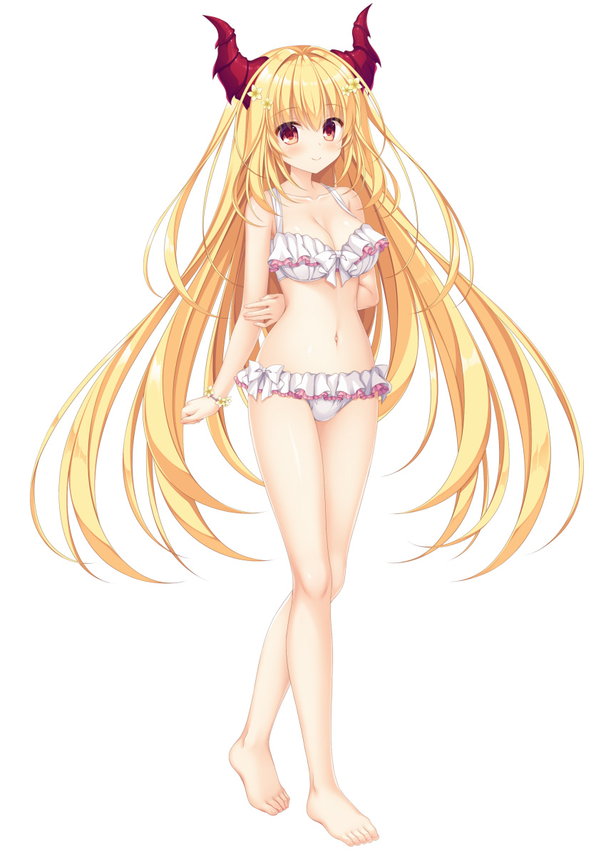 1girl absurdres arms_behind_back bangs barefoot bikini blonde_hair blush bow bracelet breasts cleavage closed_mouth collarbone dragon_horns drapri_guu-ta-life_2 eyebrows_visible_through_hair floating_hair flower frilled_bikini frills full_body game_cg hair_between_eyes hair_flower hair_ornament haru_(drapri_guu-ta-life) highres horns jewelry large_breasts long_hair looking_at_viewer navel red_eyes red_horns shiny shiny_hair smile solo standing swimsuit tachi-e takano_yuki_(allegro_mistic) transparent_background very_long_hair white_bikini white_bow yellow_flower