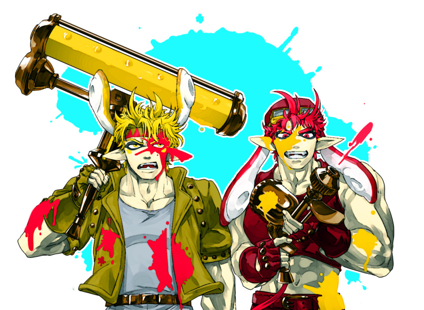 2boys bare_shoulders blonde_hair brown_hair caesar_anthonio_zeppeli crossover eyeshadow fangs fingerless_gloves fusion gloves green_jacket grin gun inkling jacket jojo_no_kimyou_na_bouken joseph_joestar joseph_joestar_(young) makeup male_focus michiru_(amphibian) multiple_boys muscular muscular_male paint_splatter parody pointy_ears red_eyes red_hair smile splat_roller_(splatoon) splatoon_(series) tentacle_hair weapon yellow_eyes