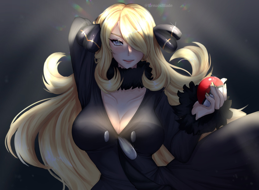 1girl absurdres arm_behind_back arm_up bangs black_background black_dress blonde_hair blush breasts cleavage collarbone cynthia_(pokemon) dress english_commentary eyelashes fingernails fingers fur-trimmed_choker fur-trimmed_sleeves fur_trim gradient gradient_background grey_eyes griff hair_ornament hair_over_one_eye highres holding holding_poke_ball large_breasts lips long_hair long_sleeves looking_at_viewer open_mouth parted_lips poke_ball pokemon pokemon_(game) pokemon_dppt rainbow_gradient solo sparkle standing twitter_username