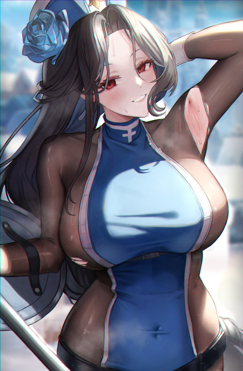 1girl absurdres arm_behind_head arm_shield arm_up armpits black_bodysuit black_hair blue_flower blue_hat blue_rose blue_tabard blurry blurry_background blush bodysuit breasts commentary covered_navel curtained_hair flower forehead goddess_of_victory:_nikke hat hat_flower hell2_(ses0297) highres huge_breasts long_hair looking_at_viewer maiden_(nikke) outdoors presenting_armpit red_eyes rose smile solo sweat tabard torn_bodysuit torn_clothes very_long_hair